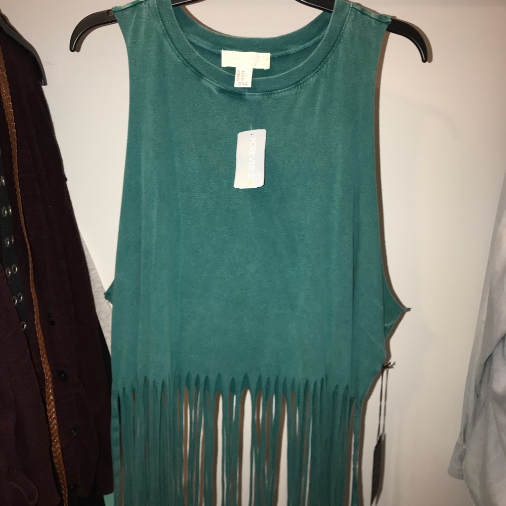Forever 21 Teal Deep Muscle Tee with Fringes